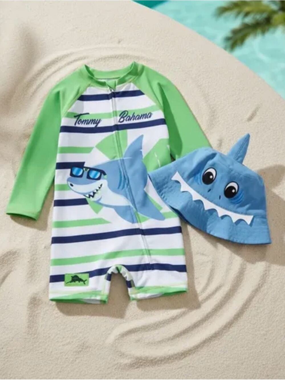 Tommy Bahama Baby Shark Stripe Swim Set with Hat Size 12/18 NWT